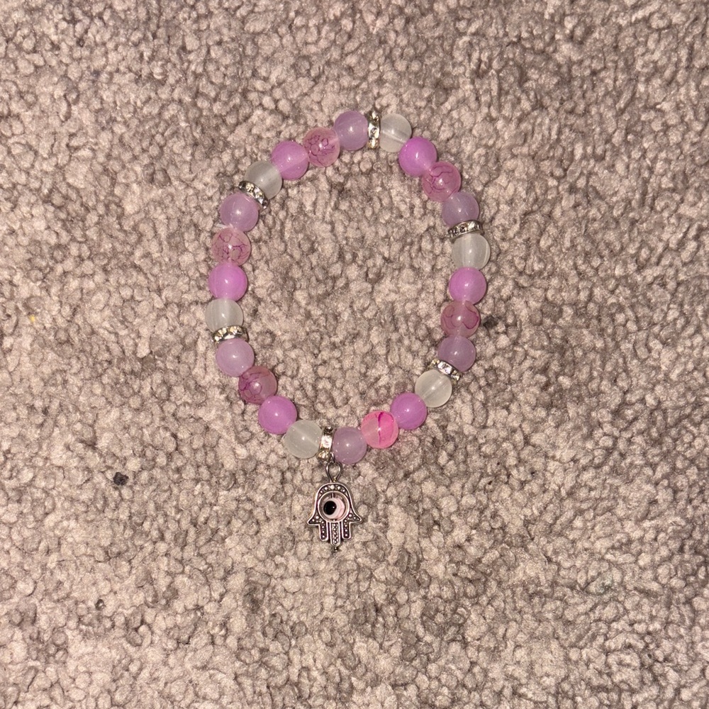 Handmade Purple and Pink Beaded Bracelet with Hamsa Charm